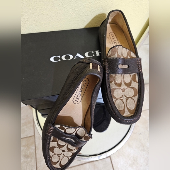 COACH Men's Brown Logo Canvas Penny Loafers with Dark Brown Trim - Picture 2 of 9